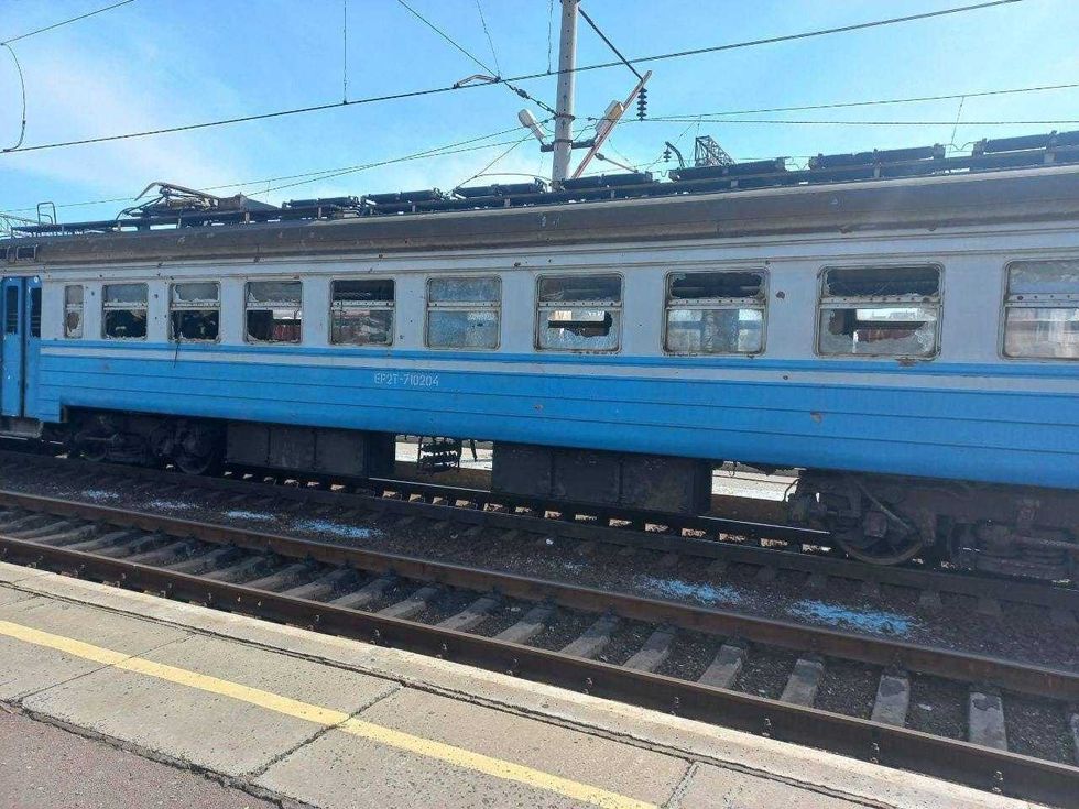 A damaged train at the station in Kramatorsk after the missile strike