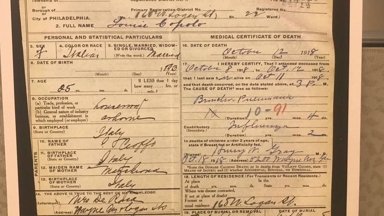 A death certificate for a flu victim during the 1918 pandemic, on display in a new exhibit at the Mütter Museum.