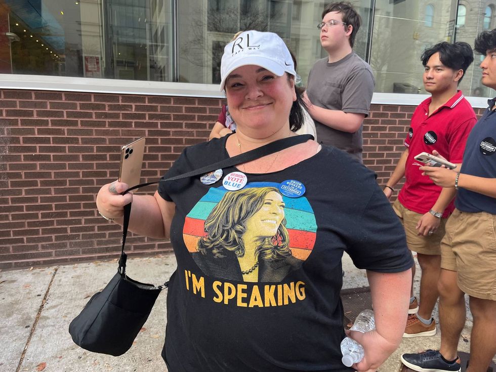 A Democratic Party supporter attending a rally at Temple University