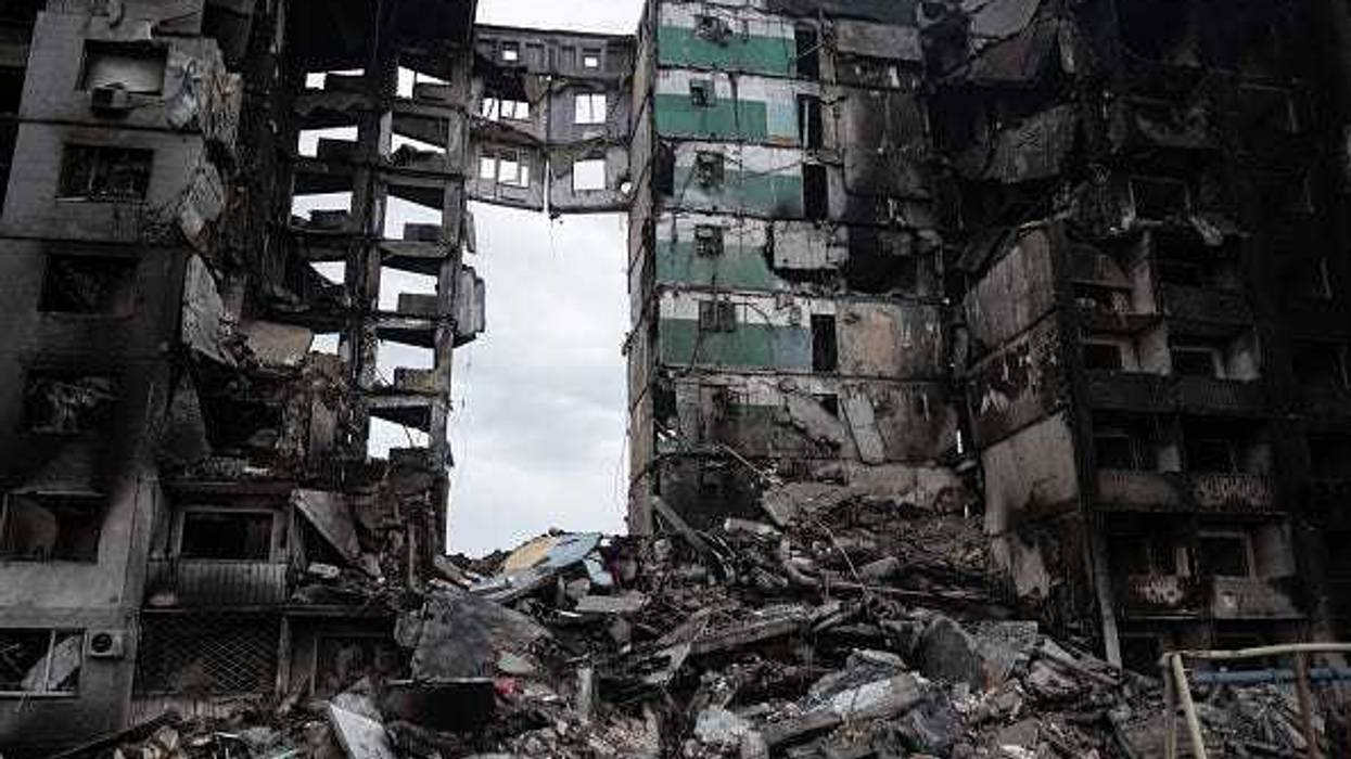 A destroyed apartment building is seen on April 9, 2022 in Borodianka, Ukraine.