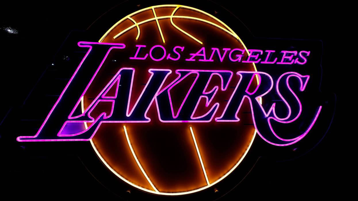 A detailed view of a Los Angeles Lakers logo prior to a game against the Dallas Mavericks at Crypto.com Arena on November 28, 2025 in Los Angeles, California.