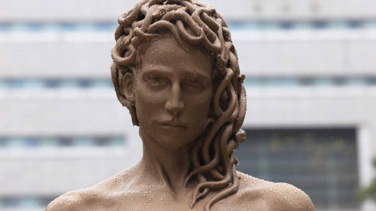 A detailed view of Medusa's head from the newly installed statue of "Medusa With The Head of Perseus" by Argentine-Italian artist Luciano Garbati stands in Collect Pond Park on October 13, 2020 in New York City.