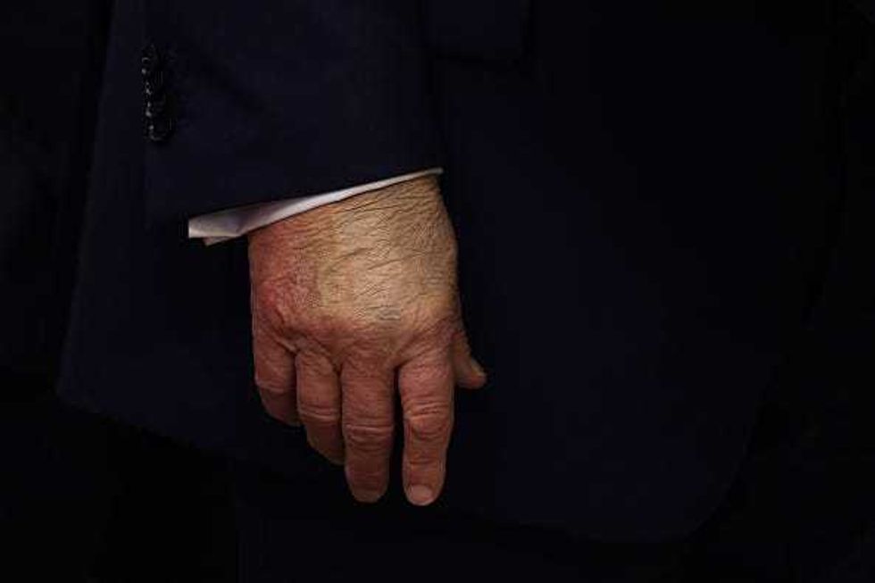A detailed view of the hand of U.S. President Donald Trump as he speaks in the Oval Office at the White House on September 2, 2025 in Washington, DC. Following days of speculation about his health from users on social media, President Trump made his first public appearance in a week to announce the moving of Space Command headquarters from Colorado to Alabama. (Photo by Alex Wong/Getty Images)