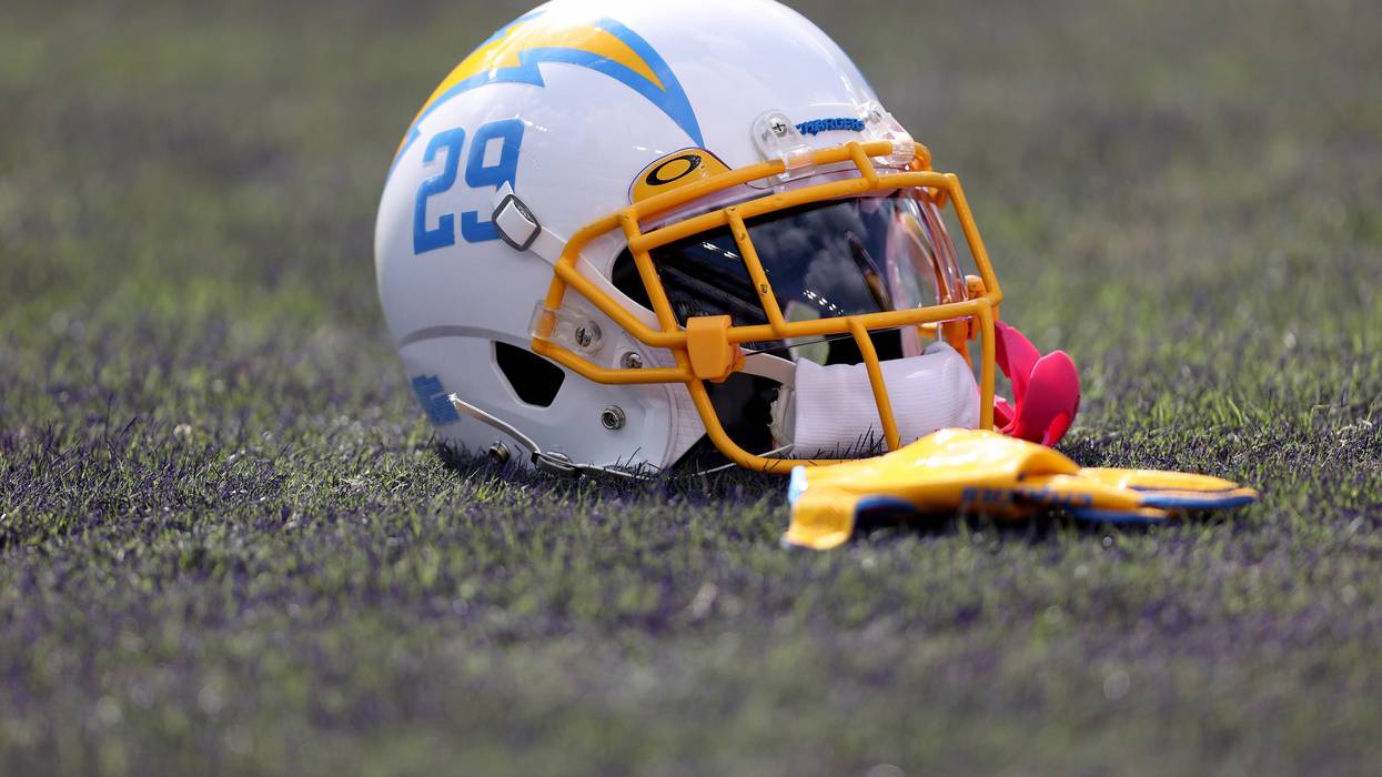 A detailed view of the helmet of Mark Webb Jr. #29 of the Los Angeles Chargers prior to the game against the Baltimore Ravens at M&T Bank Stadium on October 17, 2021 in Baltimore, Maryland.