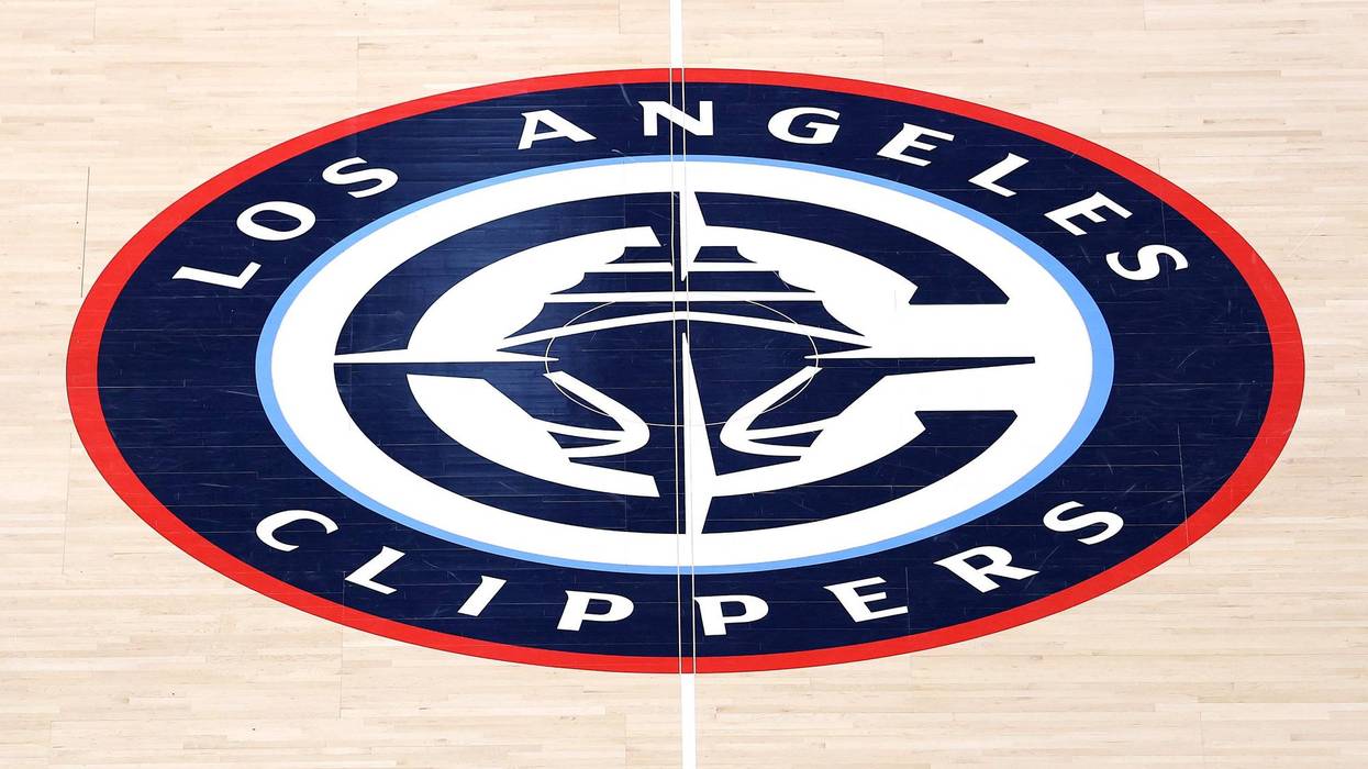 A detailed view of the Los Angeles Clippers logo at center court before the game against the Oklahoma City Thunder at Intuit Dome on March 23, 2025 in Inglewood, California.