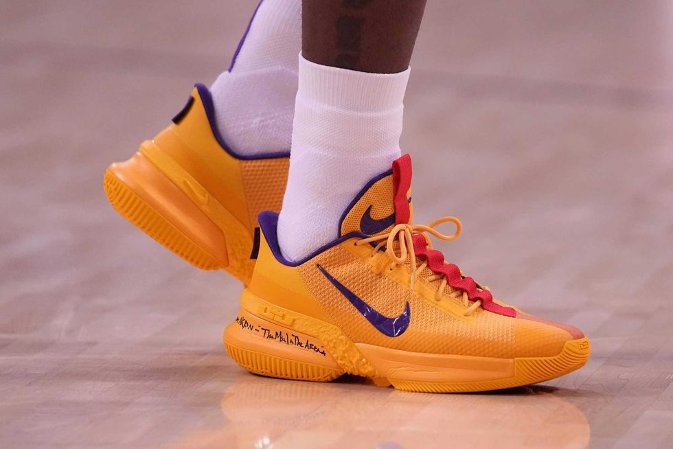 ; A detailed view of the Nike LeBron 18 shoes worn by Los Angeles Lakers forward LeBron James (6)