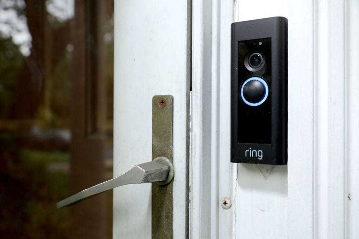 A doorbell device with a built-in camera made by home security company Ring is seen on August 28, 2019 in Silver Spring, Maryland.