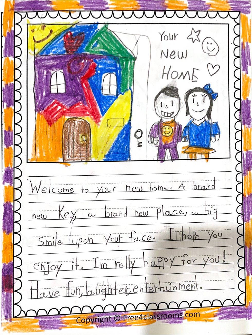 A drawing Sloane made to welcome people to their new tiny homes.