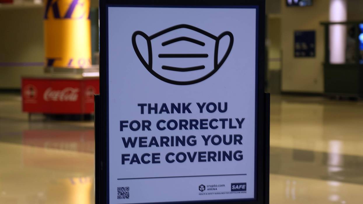 A face mask advisory sign amid the global coronavirus COVID-19 pandemic at Crypto.com Arena during the NBA game between the Los Angeles Lakers and the Sacramento Kings.