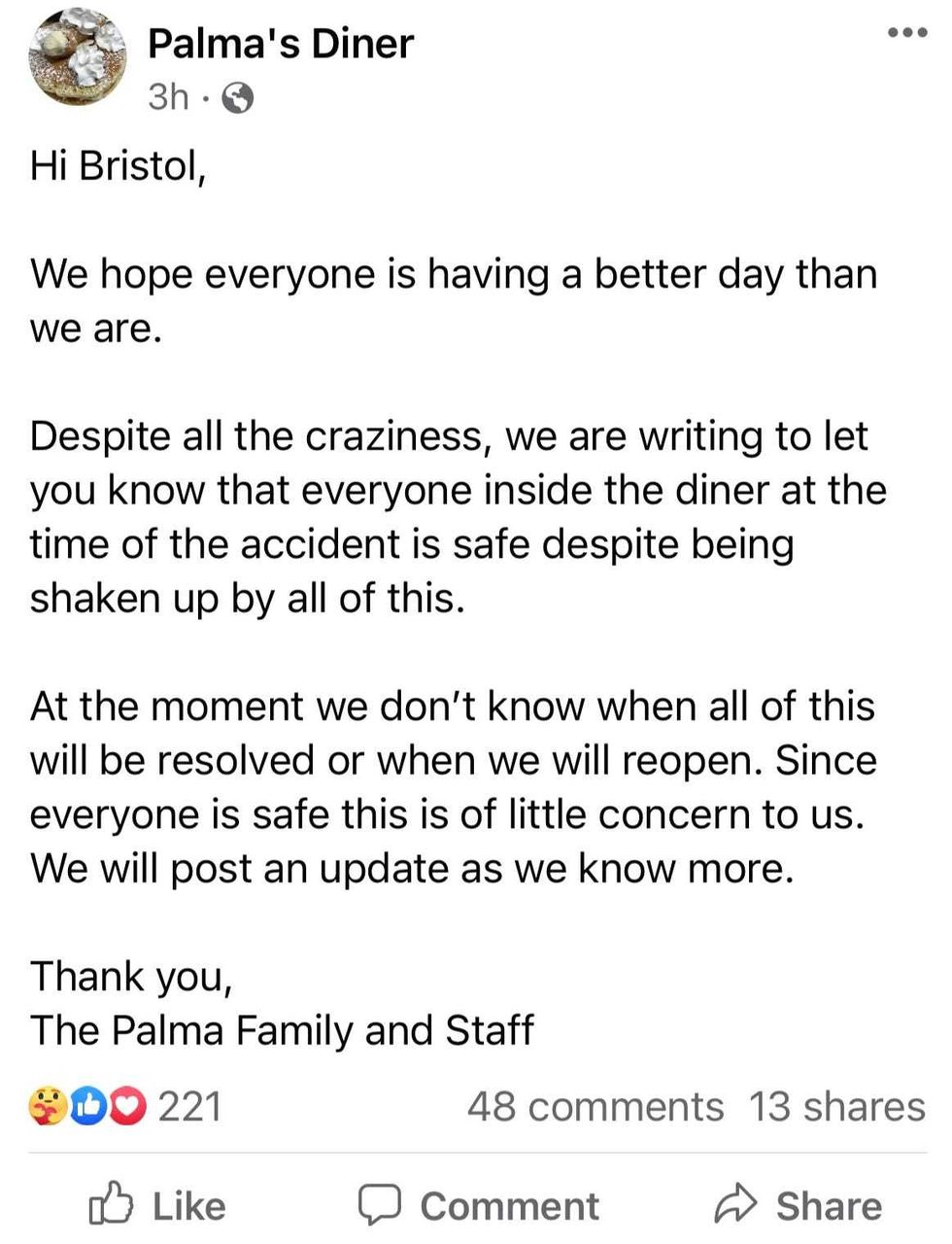 A Facebook post from the owners of Palma