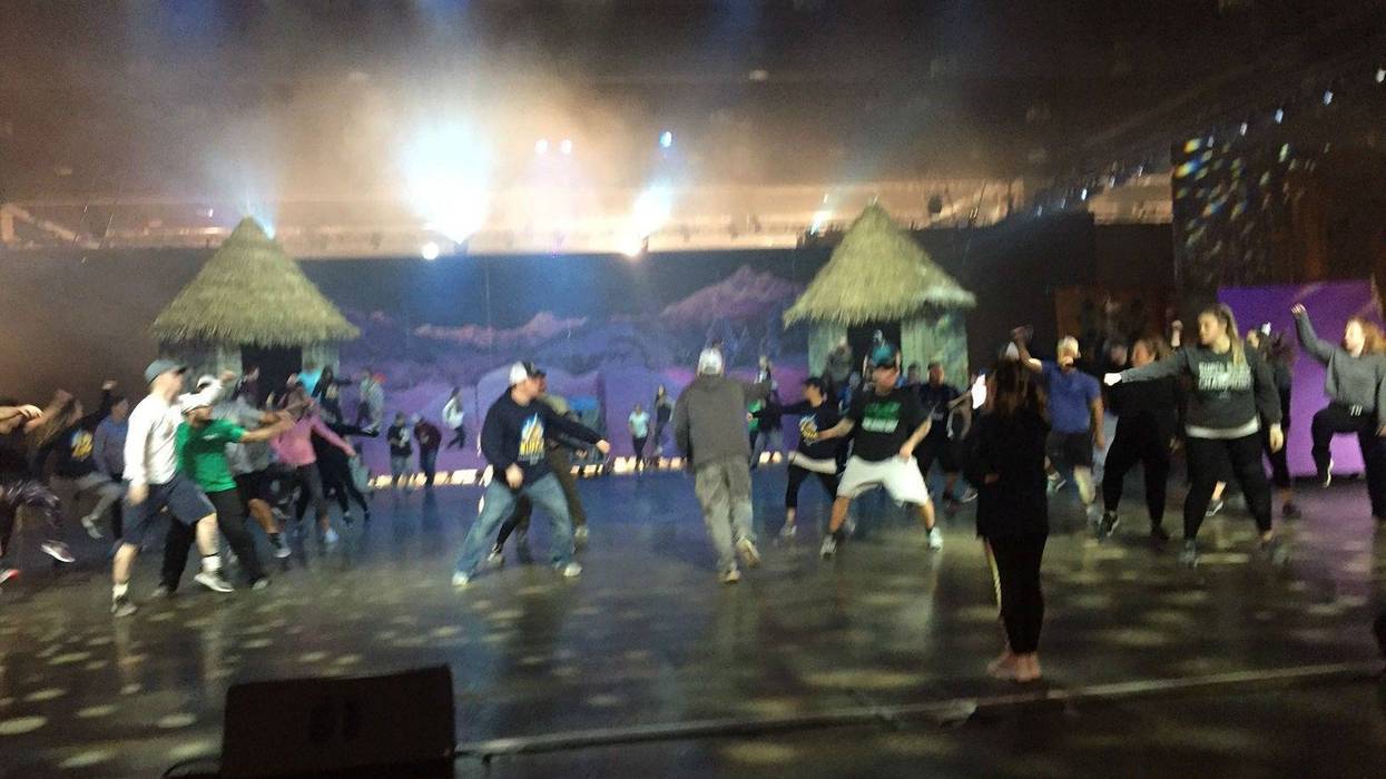 A fancy brigades rehearses at the Pennsylvania Convention Center.