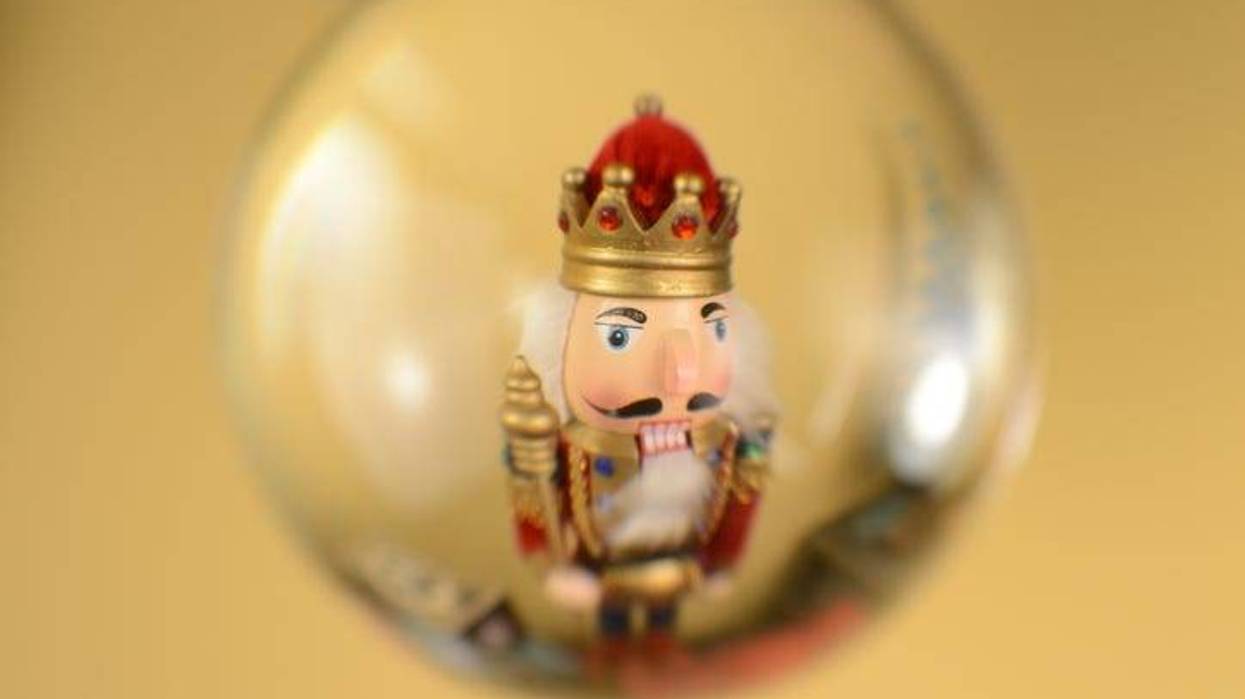 A festive nutcracker is viewed inside a crystal ball during the Christmas holidays.