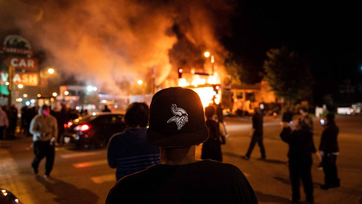 A fire burns at a gas station on Lake Street on May 29, 2020 in Minneapolis, Minnesota.