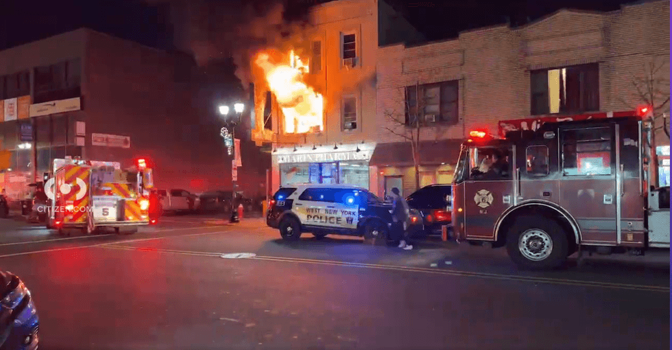 A fire on Thursday night injured 10 firefighters and displaced residents in West New York, New Jersey on Nov. 23, 2023.