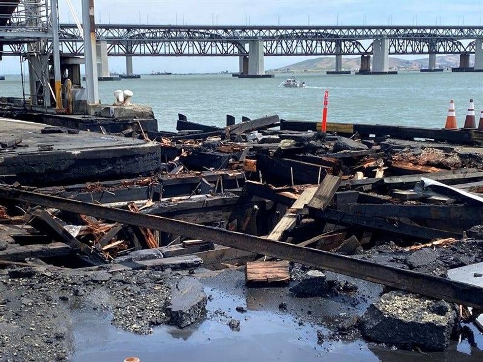 A fire that broke out at the Port of Benicia has been declared extinguished after burning for hours, destroying the dock and threatening to cause further damage in an area where gas and oil is offloaded.