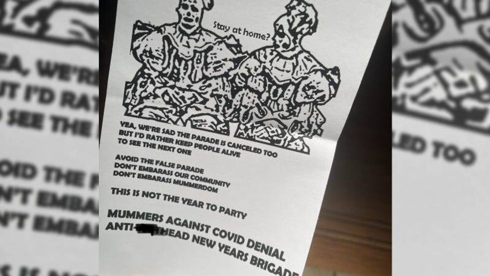 A flier distributed in South Philadelphia urged people not to participate in protests or demonstrations against the cancellation of the Mummers Day Parade.