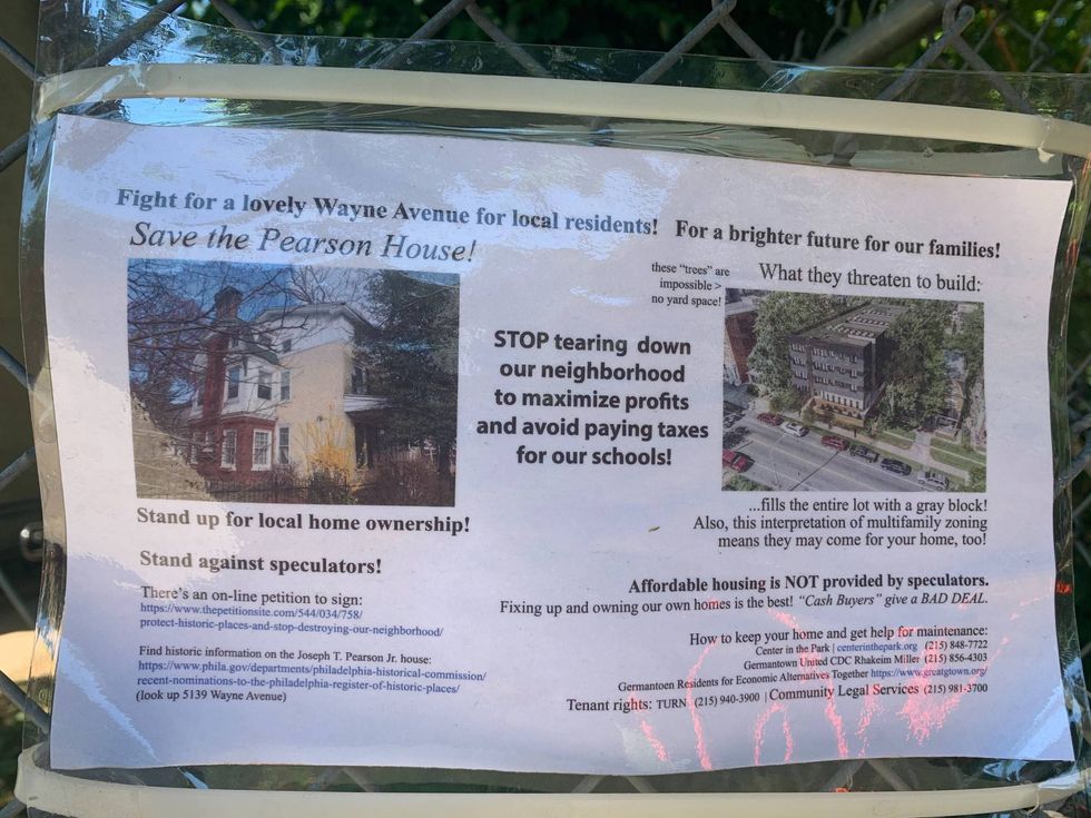 A flier to protest demolition of the Pearson House in Germantown.