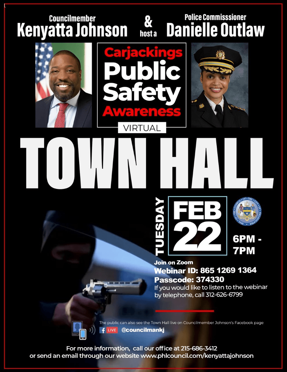 A flyer about a town hall about carjackings in Philadelphia Tuesday evening.