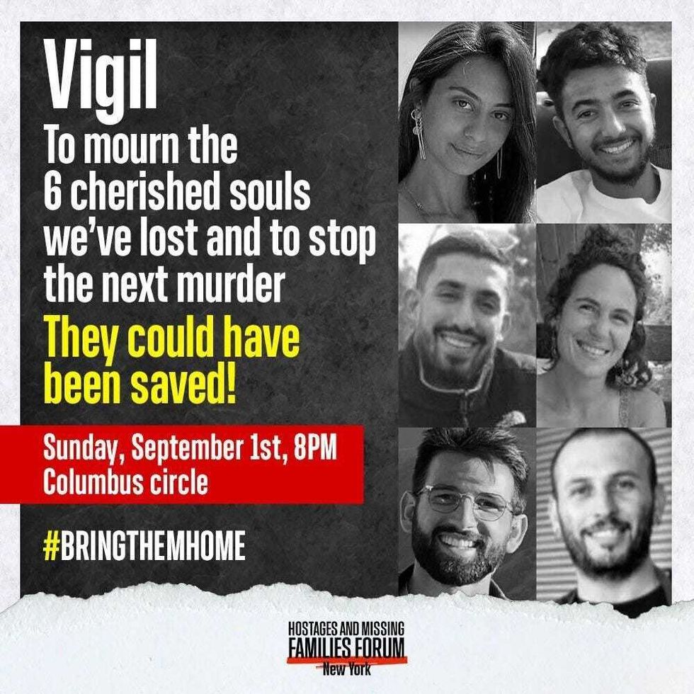 A flyer circulating to promote a candlelight vigil being held at Columbus Circle Sunday evening in honor of the six hostages that were killed in Gaza.