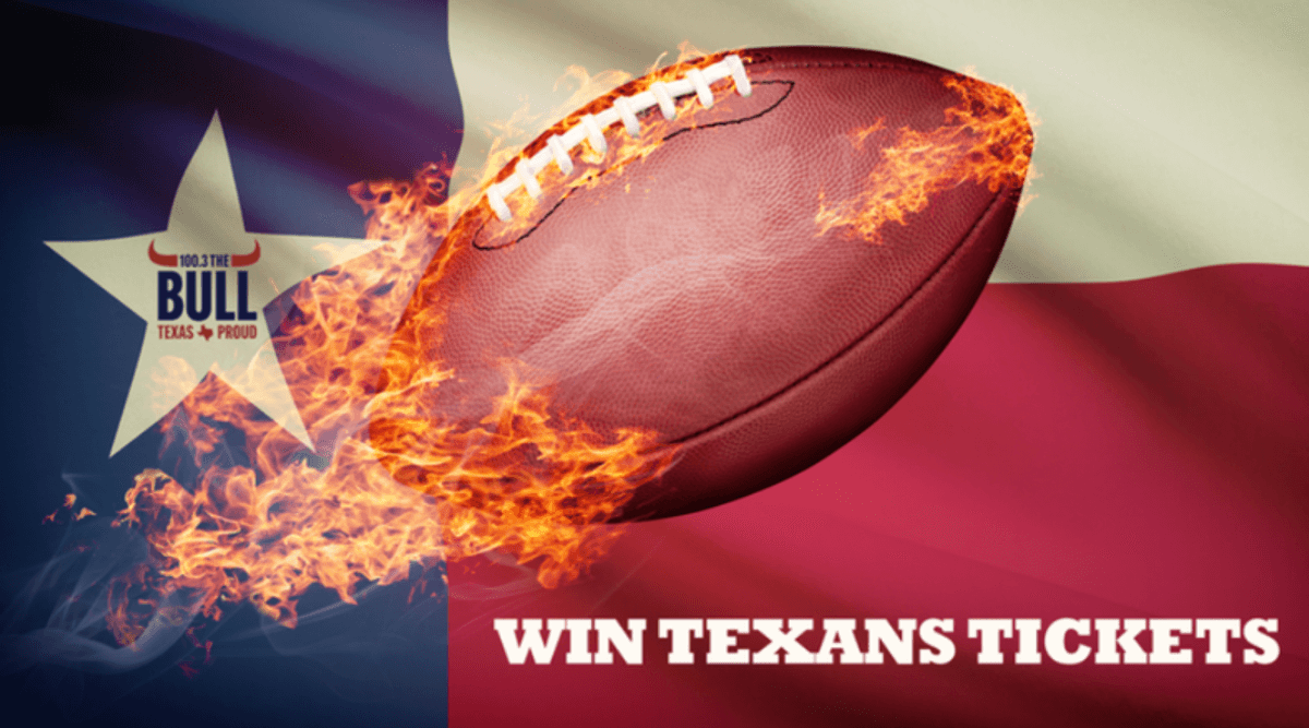 A football in flames flies in front of a Texas flag with the 100.3 The Bull logo written in the star and win Texans tickets below