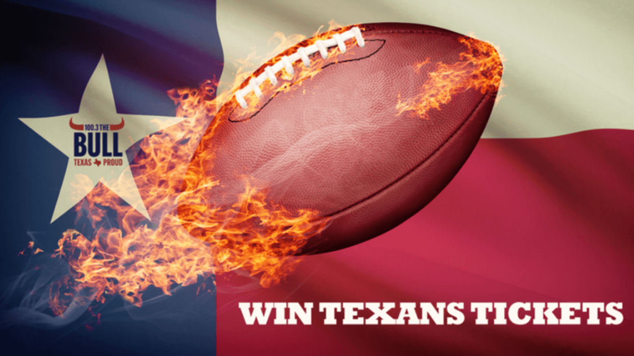 A football in flames flies in front of a Texas flag with the 100.3 The Bull logo written in the star and win Texans tickets below