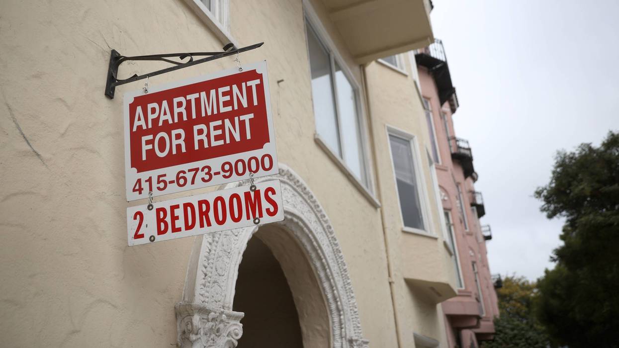 A "for rent" sign posted in front of an apartment building on June 02, 2021 in San Francisco, California.