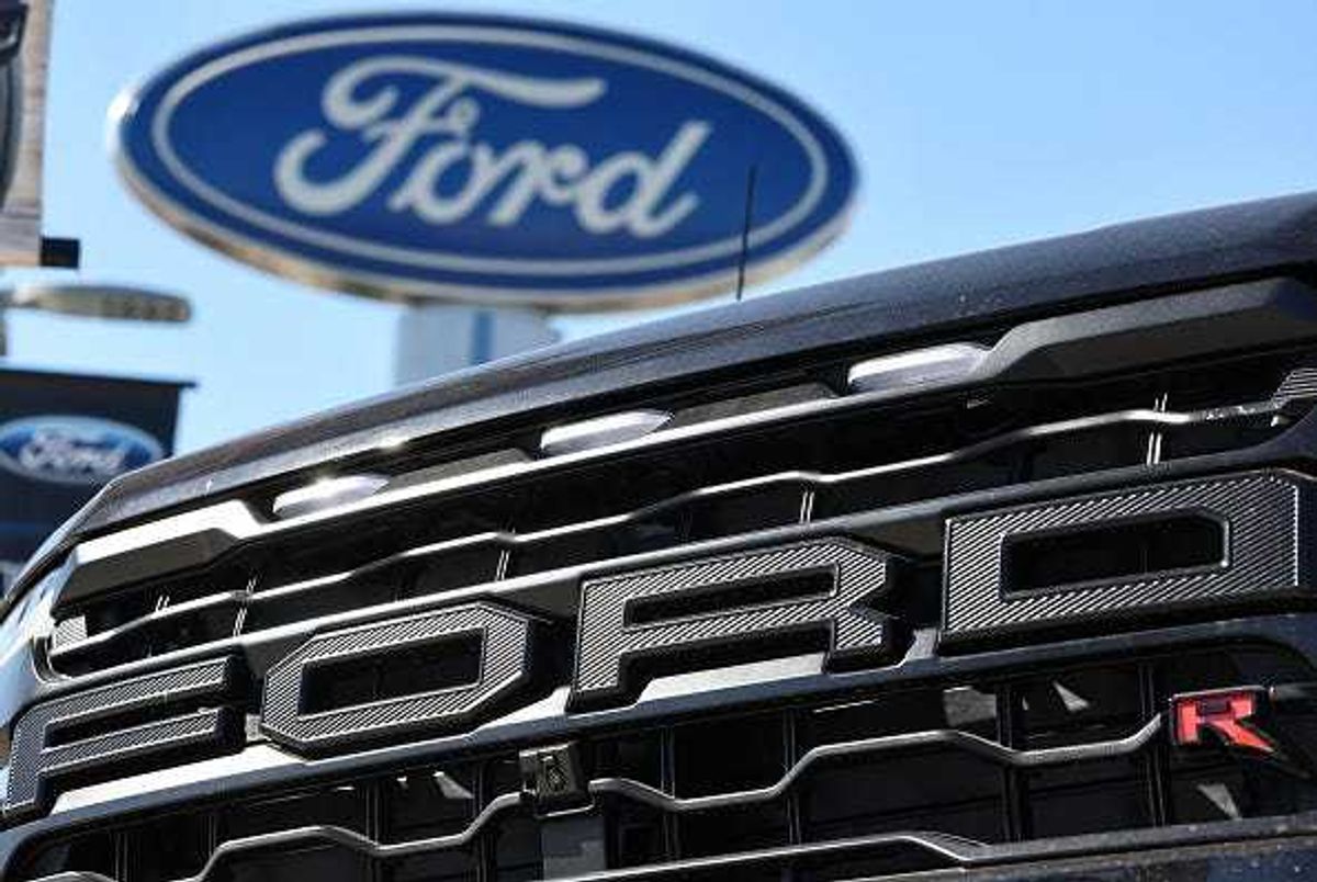 A Ford Raptor pickup truck is displayed for sale at a Ford dealership on August 21, 2024 in Glendale, California. Ford announced it is upending its electric vehicle (EV) strategy for North American vehicles to focus on hybrids, affordability, and longer ranges.