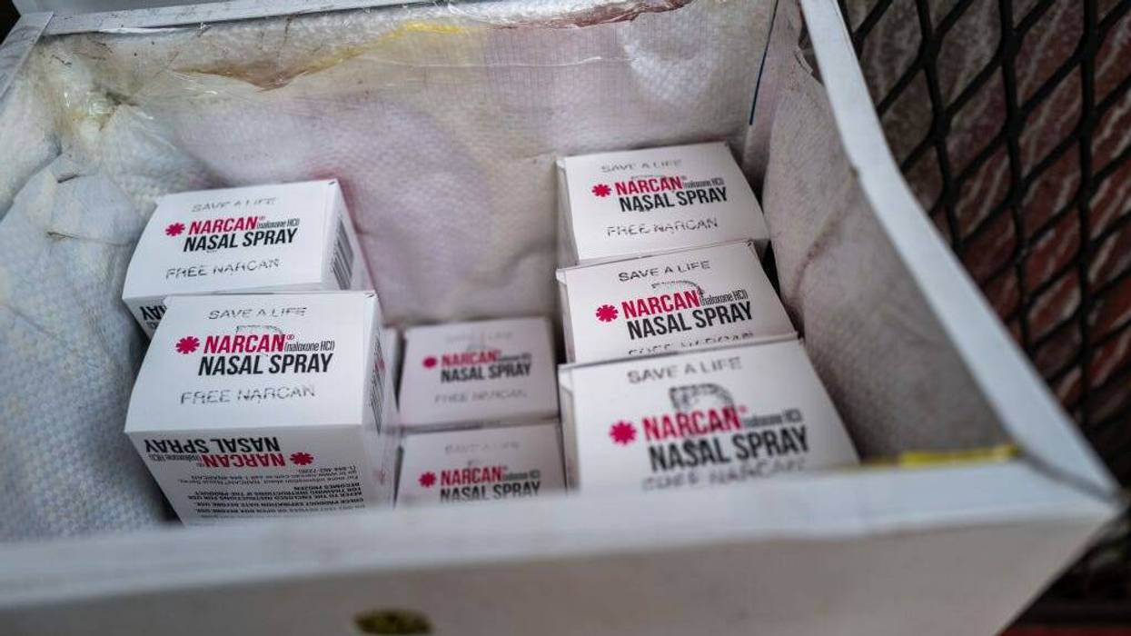 A free Narcan dispenser stands along Kensington Avenue in a high drug and crime area on May 8, 2024, in Philadelphia.