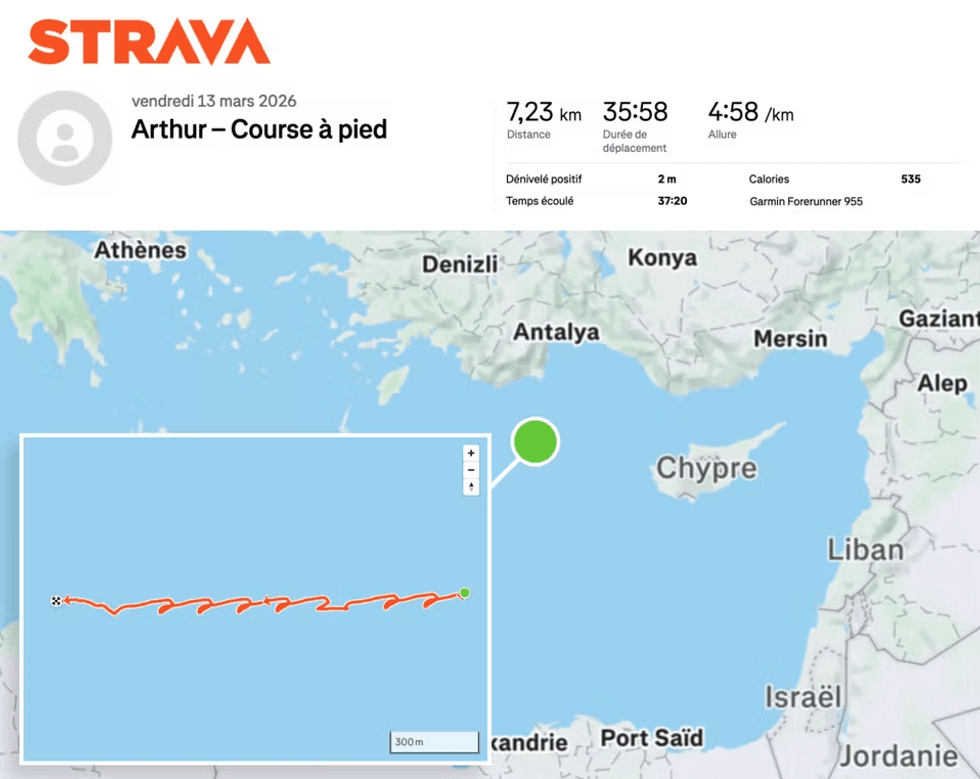 A French naval officer identified only as "Arthur" used the popular fitness app Strava to log a 7-kilometer run while circling the deck of the aircraft carrier Charles de Gaulle. Because his account was set to public, the uploaded data exposed the vessel
