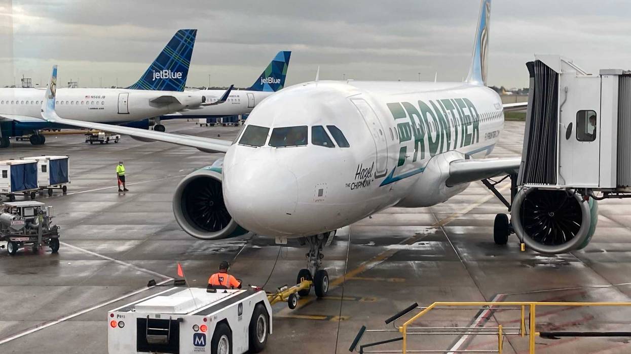 A Frontier Airlines plane is seen at Orlando International Airport in July 2022.