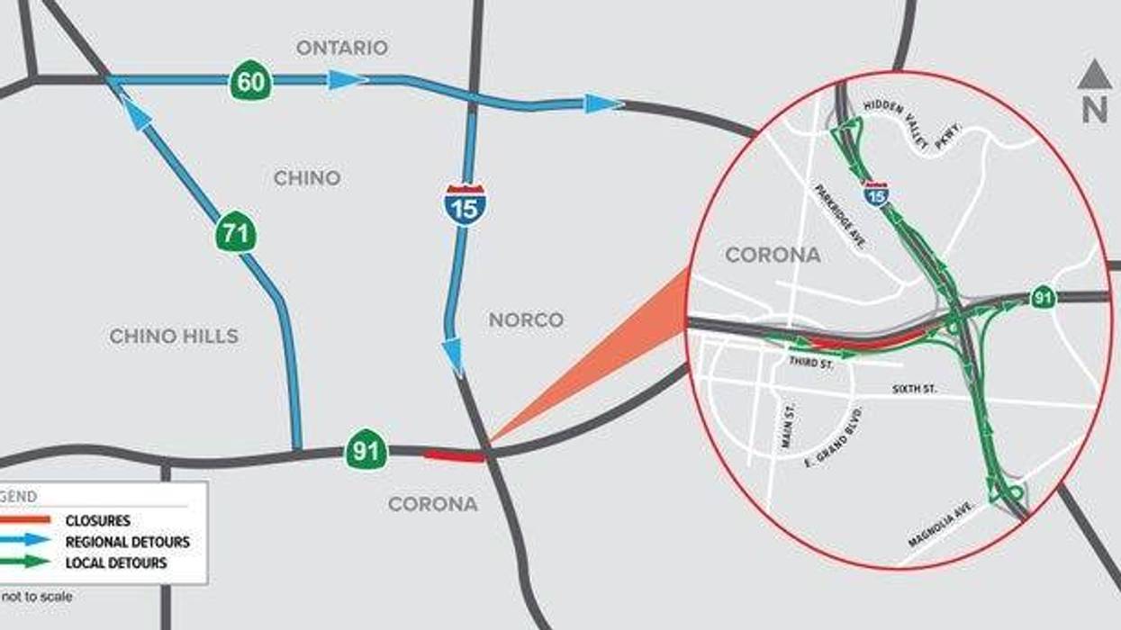 A full closure of eastbound 91 from Main St. to just west of I-15 in Corona, Calif. begins Friday, Sept. 16 at 9 p.m. and lasts through Monday, Sept. 19 at 5 a.m.