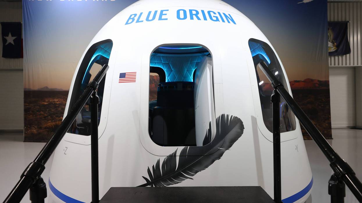A full-size replica of Blue Origin's crew capsule is displayed before Blue Origin’s New Shepard lifts-off from the launch pad carrying 90-year-old Star Trek actor William Shatner and three other civilians on October 13, 2021 near Van Horn, Texas.