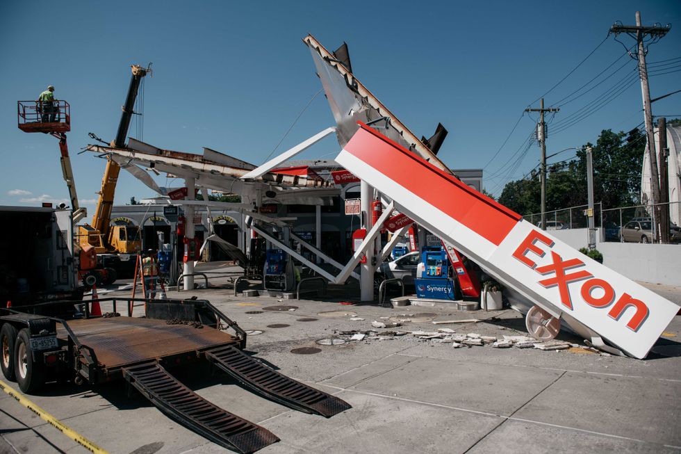 A gas station in the Whitestone neighborhood of Queens was heavily damaged after a night of extremely heavy rain and wind on September 2, 2021 in New York City