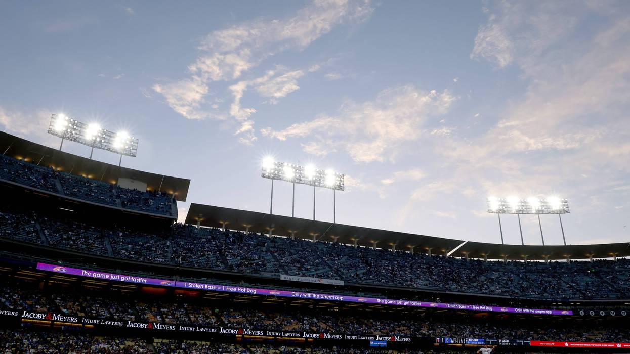 A general view as Clayton Kershaw #22 of the Los Angeles Dodgers pitches during the second inning against the Minnesota Twins at Dodger Stadium on May 16, 2023 in Los Angeles, California.
