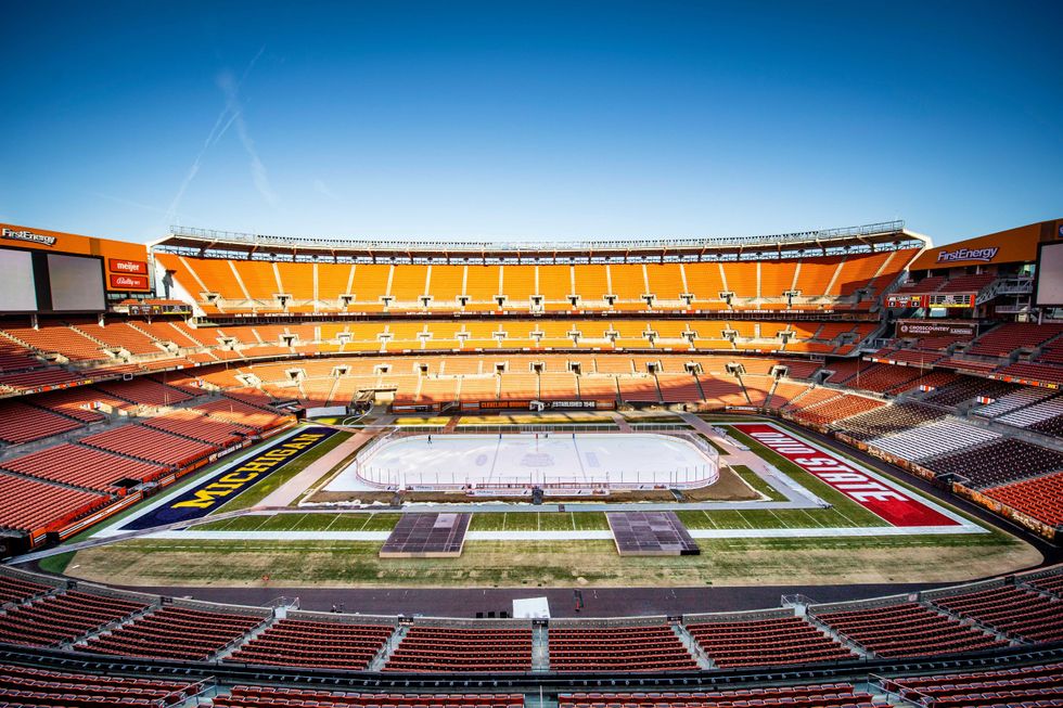 A general view from the upper deck at FirstEnergy Stadium of the hockey rink that has been installed for the