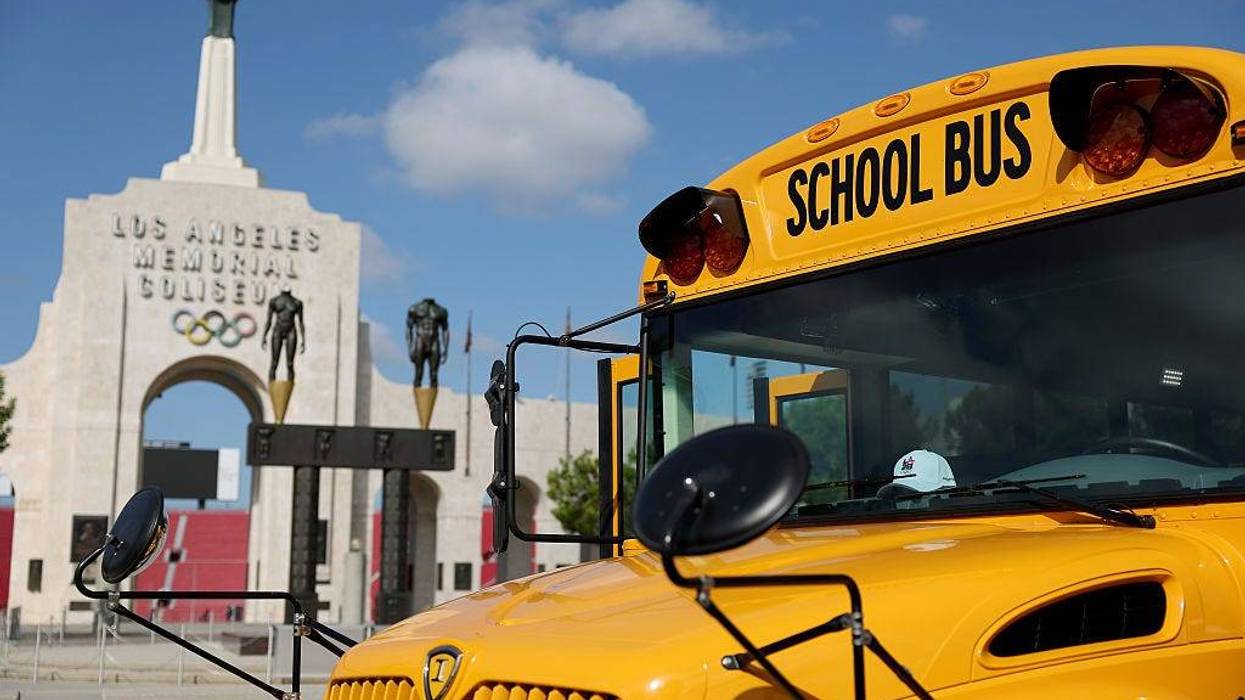 A general view of a Highland Electric Bus during a press conference announcing a partnership between Highland Electric Fleets and LA28 at Los Angeles Memorial Coliseum on September 29, 2025 in Los Angeles, California.