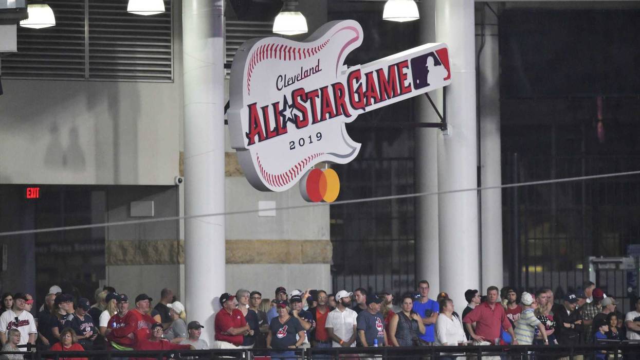A general view of a sign of the 2019 All-Star Game logo in left field at Progressive Field.