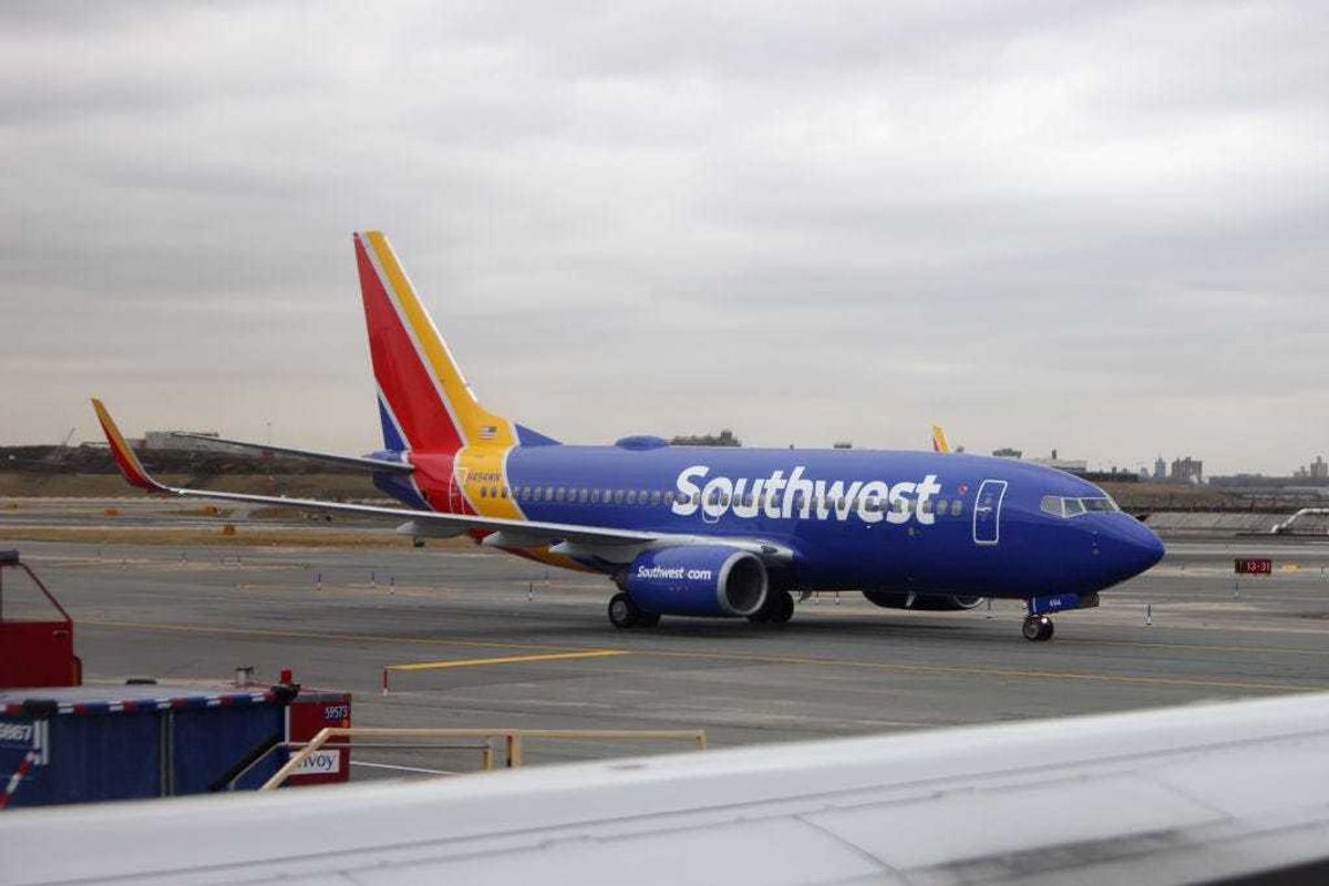 A general view of a Southwest Airlines jet photographed at LaGuardia Airport on February 4, 2024 in the Queens borough of New York City, United States.