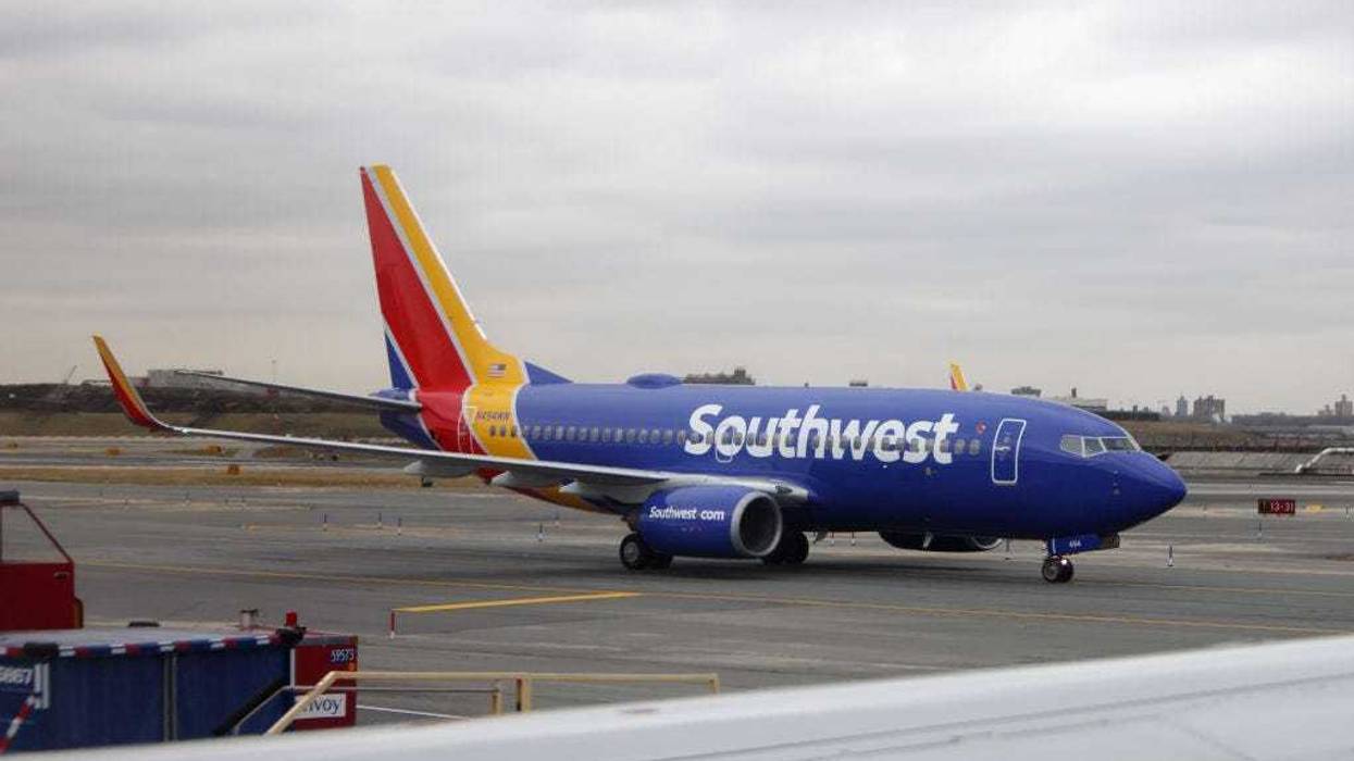 A general view of a Southwest Airlines jet photographed at LaGuardia Airport on February 4, 2024 in the Queens borough of New York City, United States.