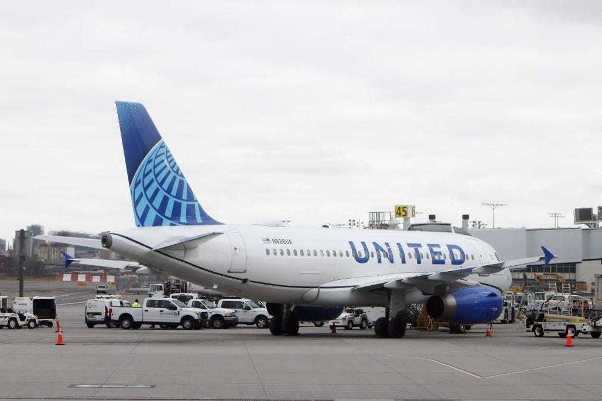 A general view of a United Airlines jet photographed at LaGuardia Airport on February 4, 2024 in the Queens borough of New York City, United States.
