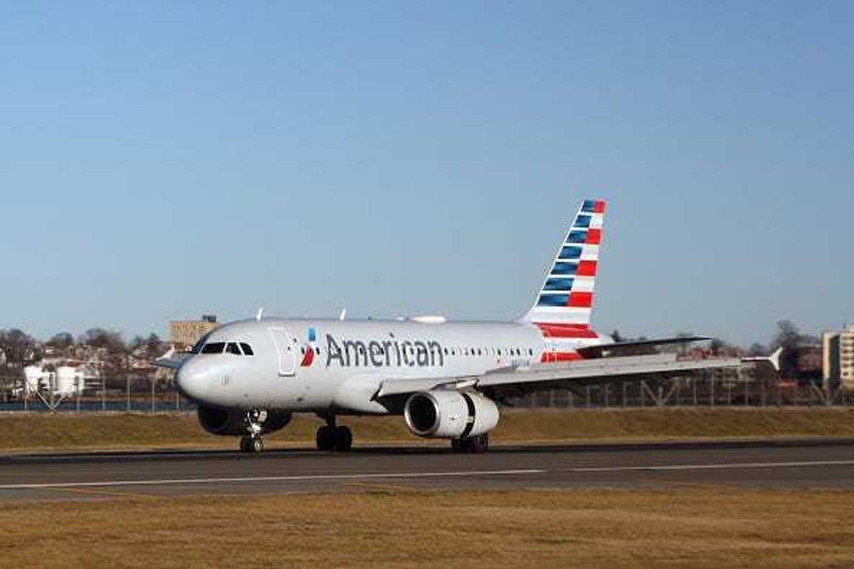 A general view of an American Airlines jet photographed at LaGuardia Airport on February 4, 2024 in the Queens borough of New York City, United States.