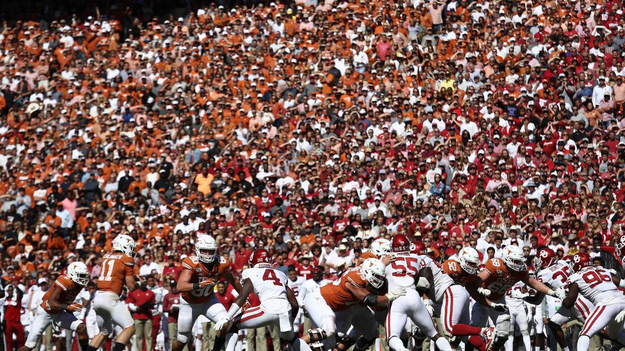 A general view of play between the Texas Longhorns and the Oklahoma Sooners during the 2019 AT&T Red River Showdown at Cotton Bowl on Oct. 12, 2019, in Dallas, Texas.