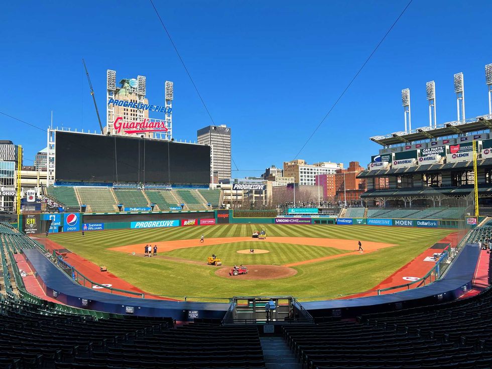 A general view of Progressive Field on march 17, 2022 following the completion of the installation of the new Guardians sign atop the scoreboard.