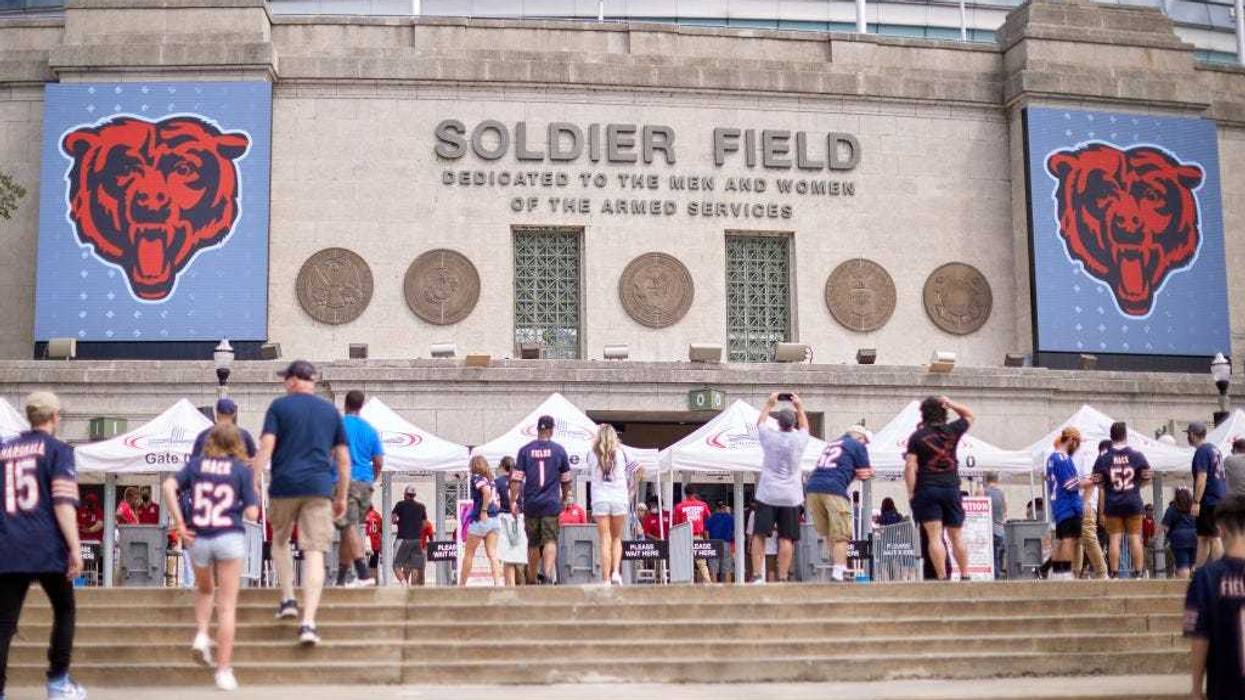 A general view of Soldier Field is seen as fans enter the stadium during a preseason game between the Chicago Bears and the Buffalo Bills on August 21, 2021 at Soldier Field in Chicago, IL
