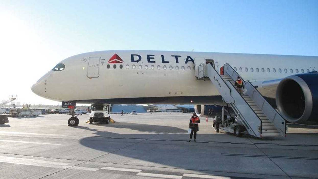 A general view of the Delta Airlines Charter for Beijing 2022 Winter Olympic Games at Los Angeles International Airport on January 27, 2022 in Los Angeles, California.
