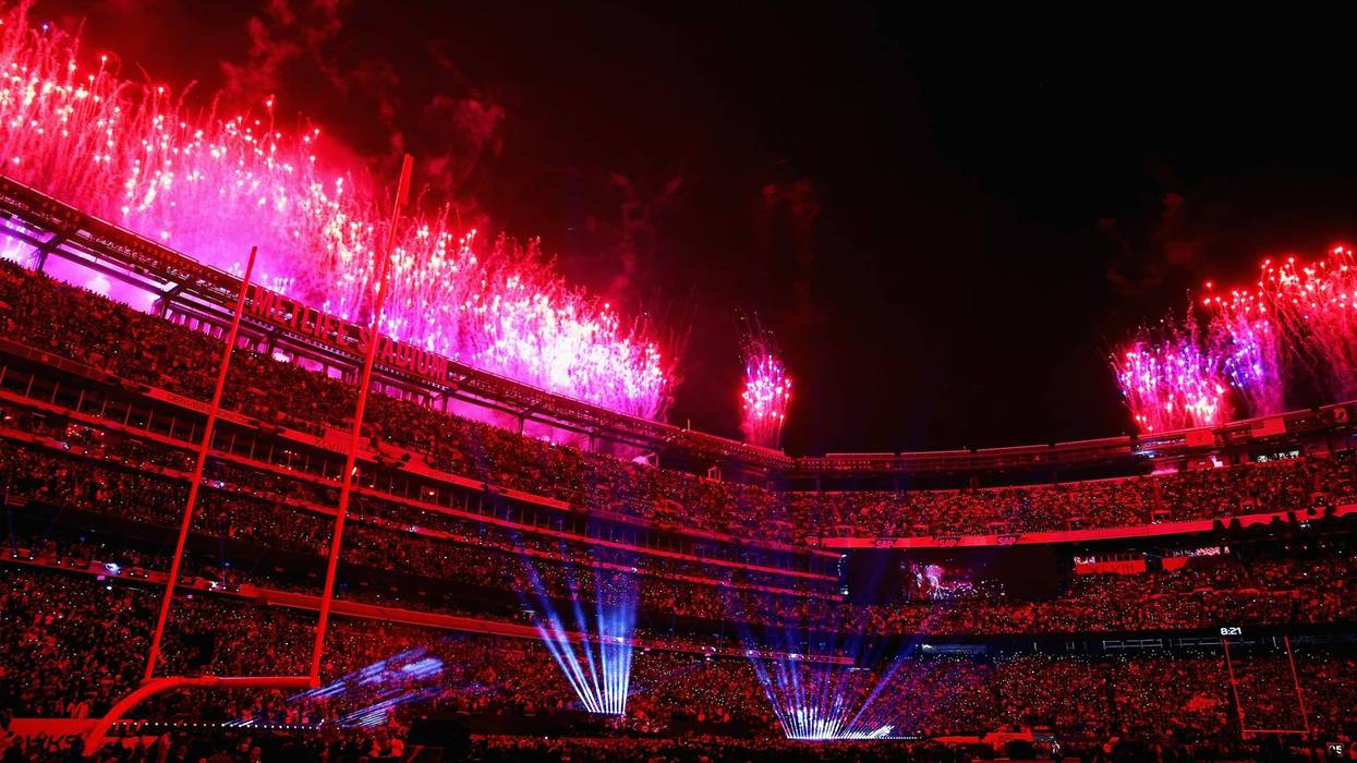 A general view of the fireworks display during the Pepsi Super Bowl XLVIII Halftime Show at MetLife Stadium on February 2, 2014 in East Rutherford, New Jersey.