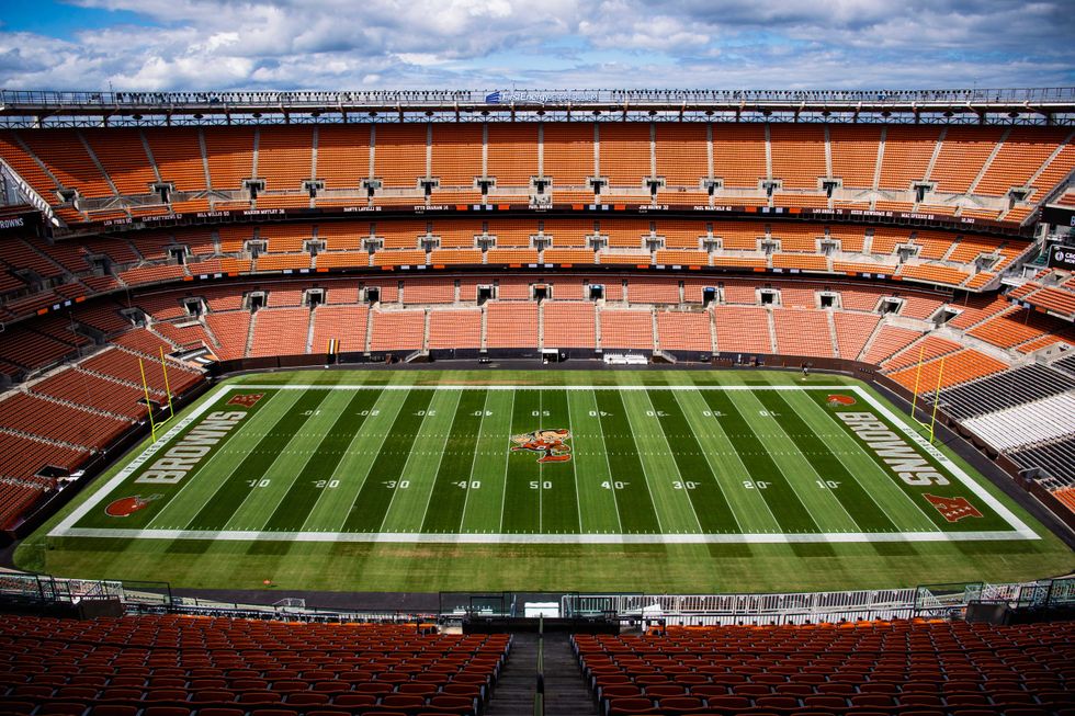 A general view of the freshly painted field at FirstEnergy Stadium featuring the original Brownie logo used by the Cleveland Browns at midfield.