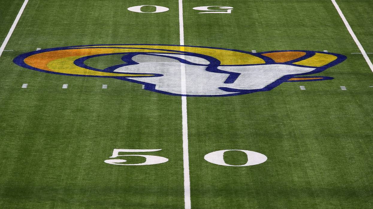 A general view of the Los Angeles Rams logo on the field prior to a Los Angeles Rams team scrimmage on August 29, 2020 in Inglewood, California.