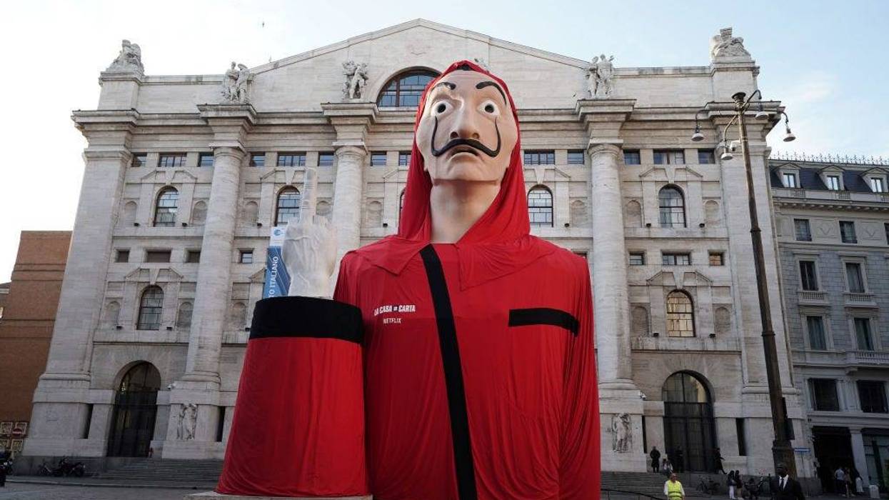 A general view of the "Piazza De Papel" event of the Netflix tv show "La Casa di Carta" (Money Heist) at Piazza Affari on July 17, 2019 in Milan, Italy.