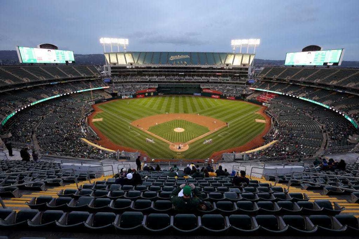 A general view of the pitch thrown by Alex Wood #57 of the Oakland Athletics during their game against the Cleveland Guardians at Oakland Coliseum on March 28, 2024 in Oakland, California.